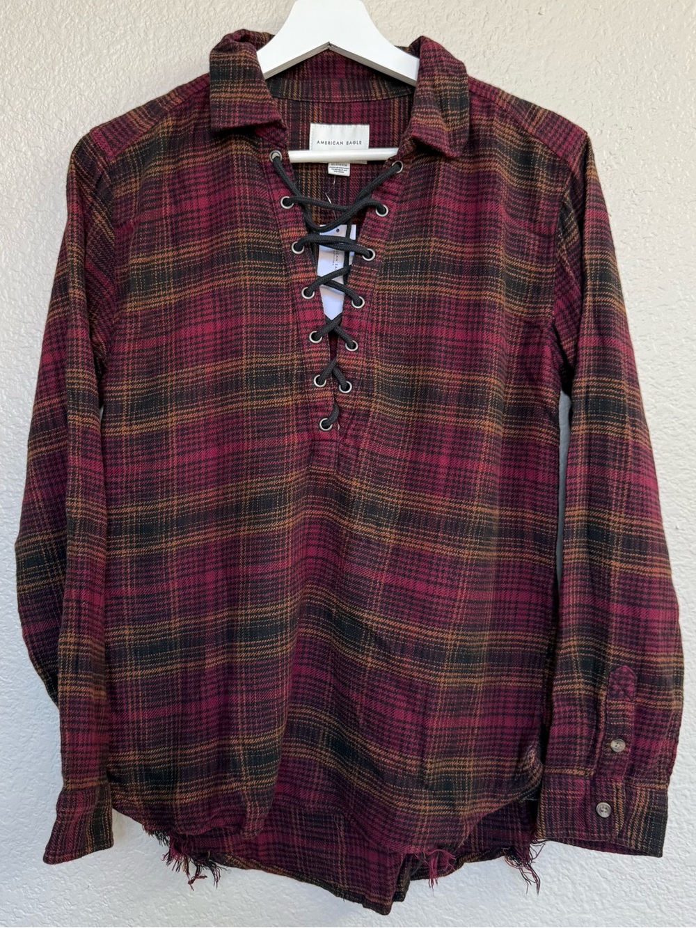 American Eagle cotton red plaid flannel shirt with lace up front Size XS NWT